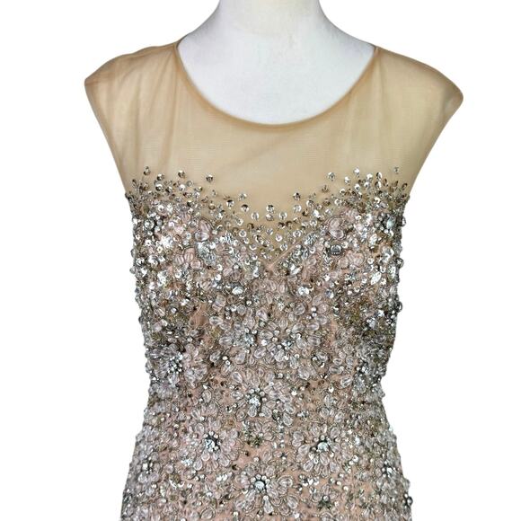 Terani Couture NEW Tan Sheer Mesh Rhinestone Sequin Beaded Mini Formal Dress - Picture 4 of 16